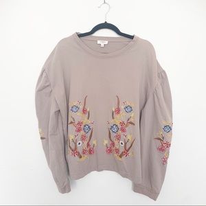 Umgee Taupe Balloon Sleeve Embroider Crop Sweater